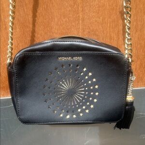 Michael Kors Black Leather Starburst Cutout Crossbody with Gold Chain